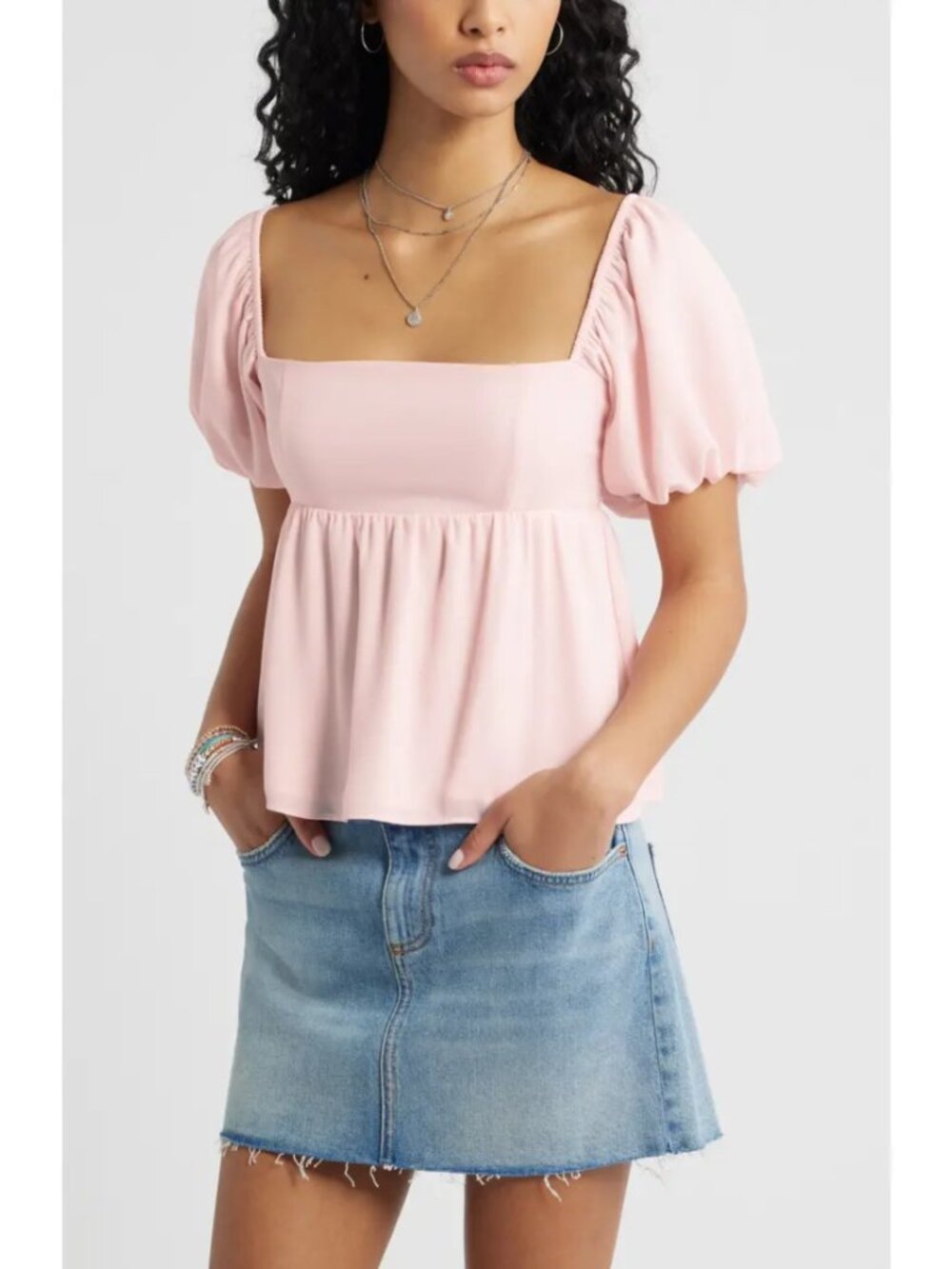 BP. Pink Balm Bubble Sleeve Babydoll Top Square Neck Smocked Womens Size S NWT
